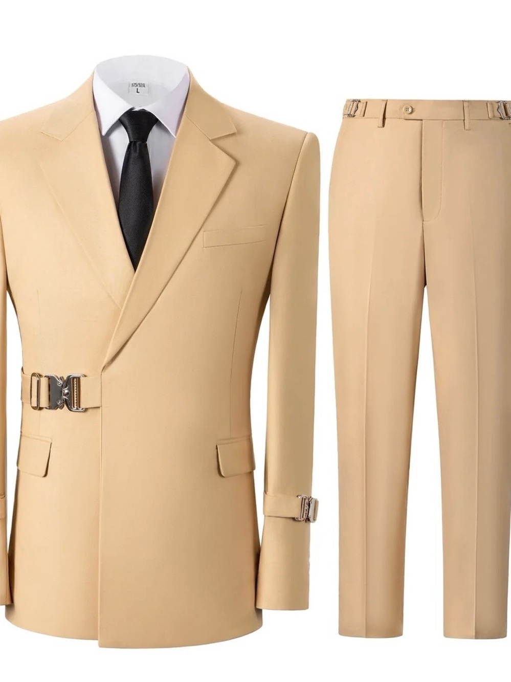 New Men's Tan Two-Piece Suit Blazer & Trousers with Buckle Accents